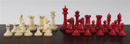 A Victorian turned ivory Staunton pattern part chess set,